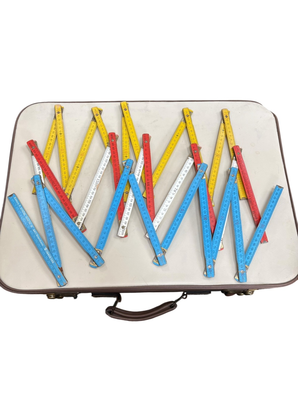 Vintage Folding Wood Ruler lot of 3 European Blue Red Yellow colorful wall decor